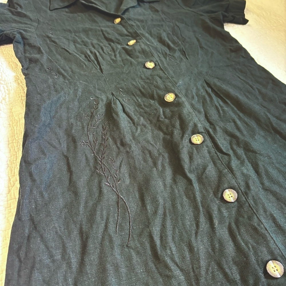 Black Linen Blend Embroidered Button-Front Midi Dress | Mosaic | Size 10 - Picture 2 of 14